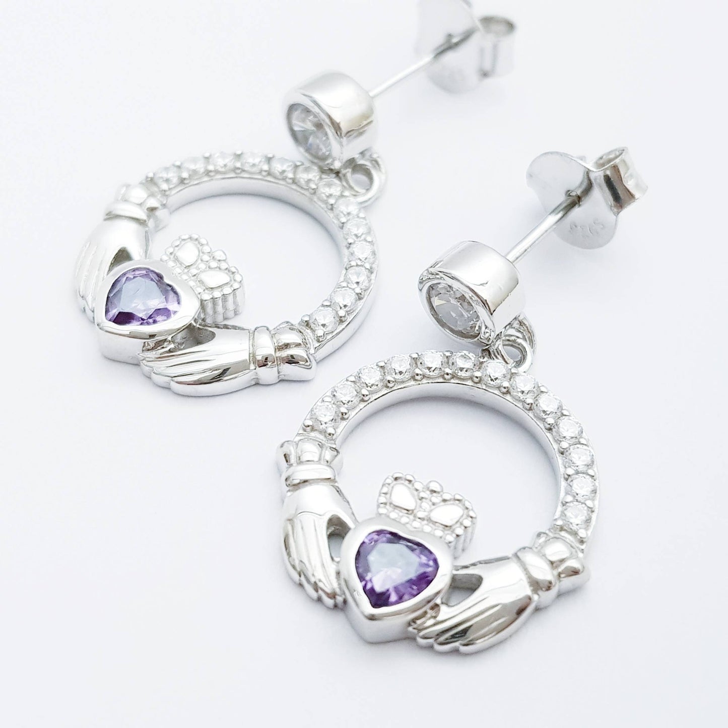 Claddagh drop earrings with purple stone heart, February birthstone