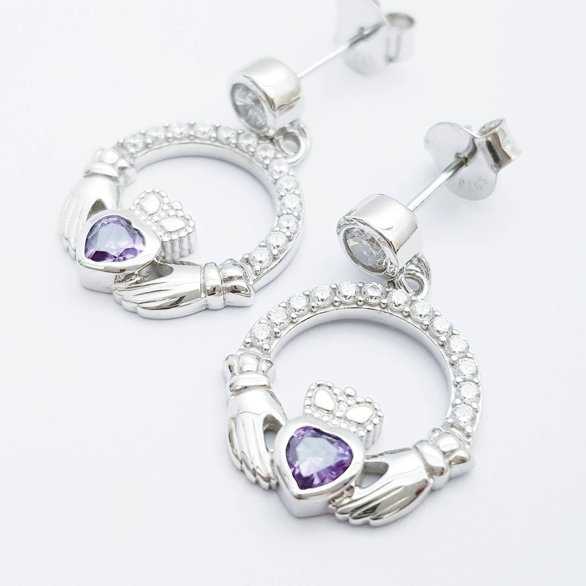 Claddagh drop earrings with purple stone heart, February birthstone