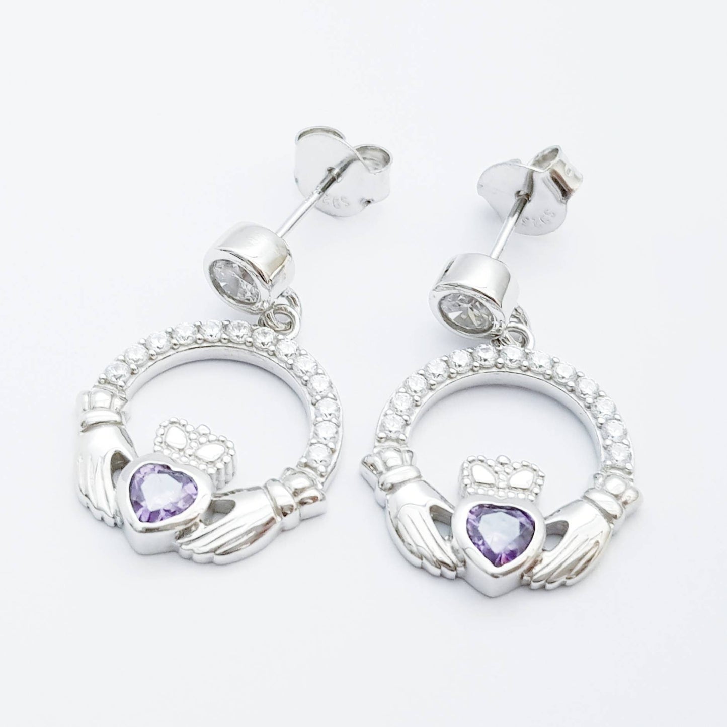 Claddagh drop earrings with purple stone heart, February birthstone