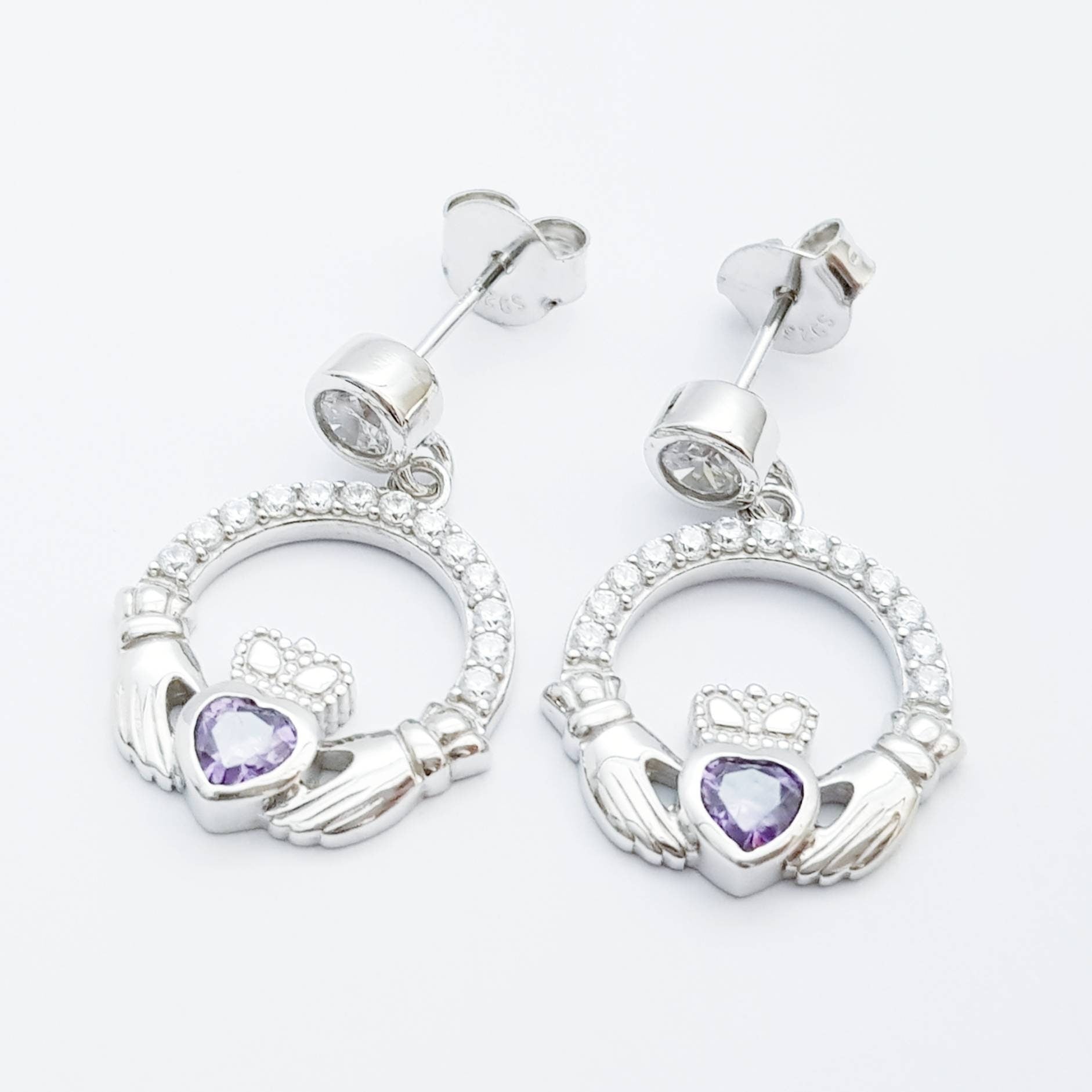 Claddagh drop earrings with purple stone heart, February birthstone
