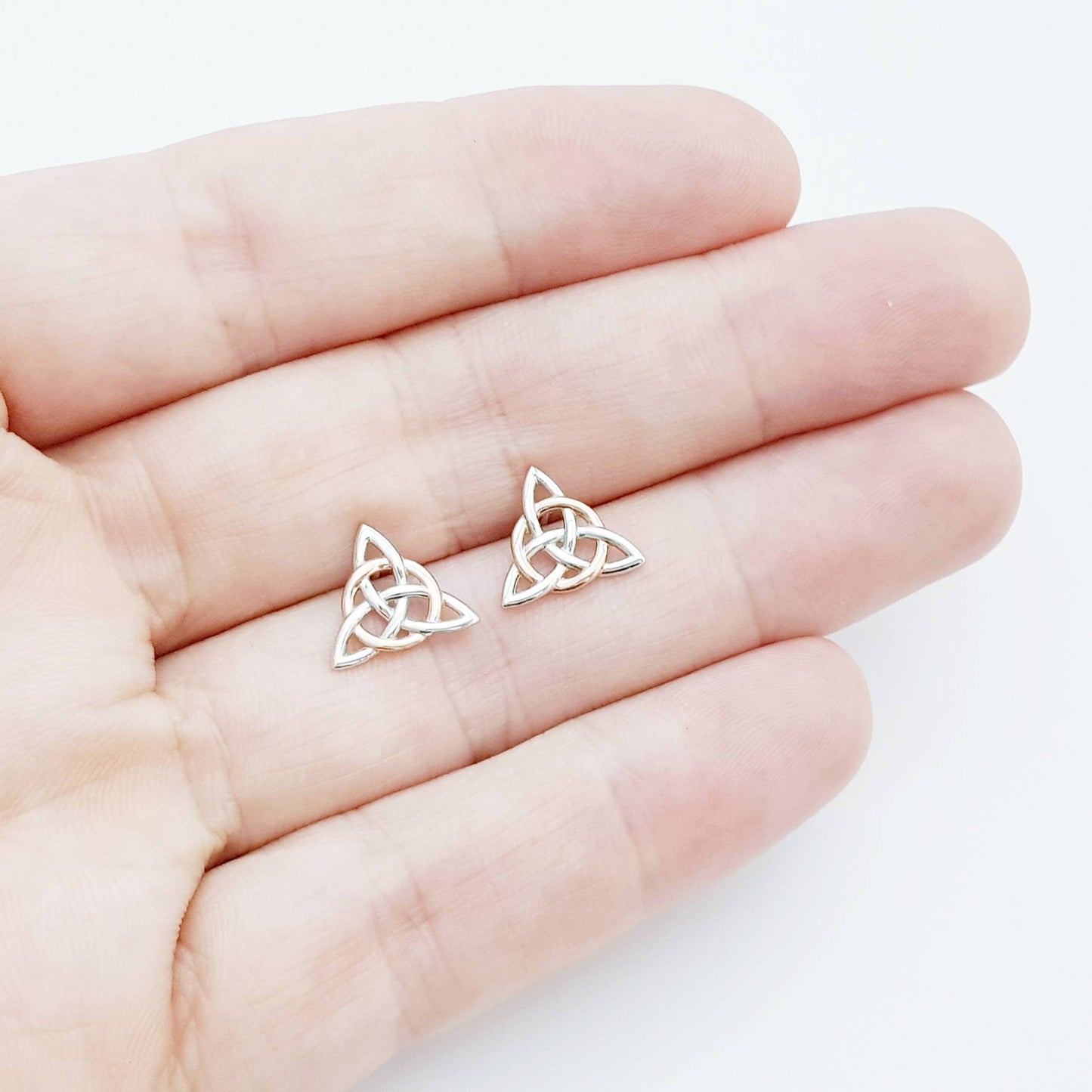 Celtic stud Earrings in silver with rose gold plating, triquetra earrings