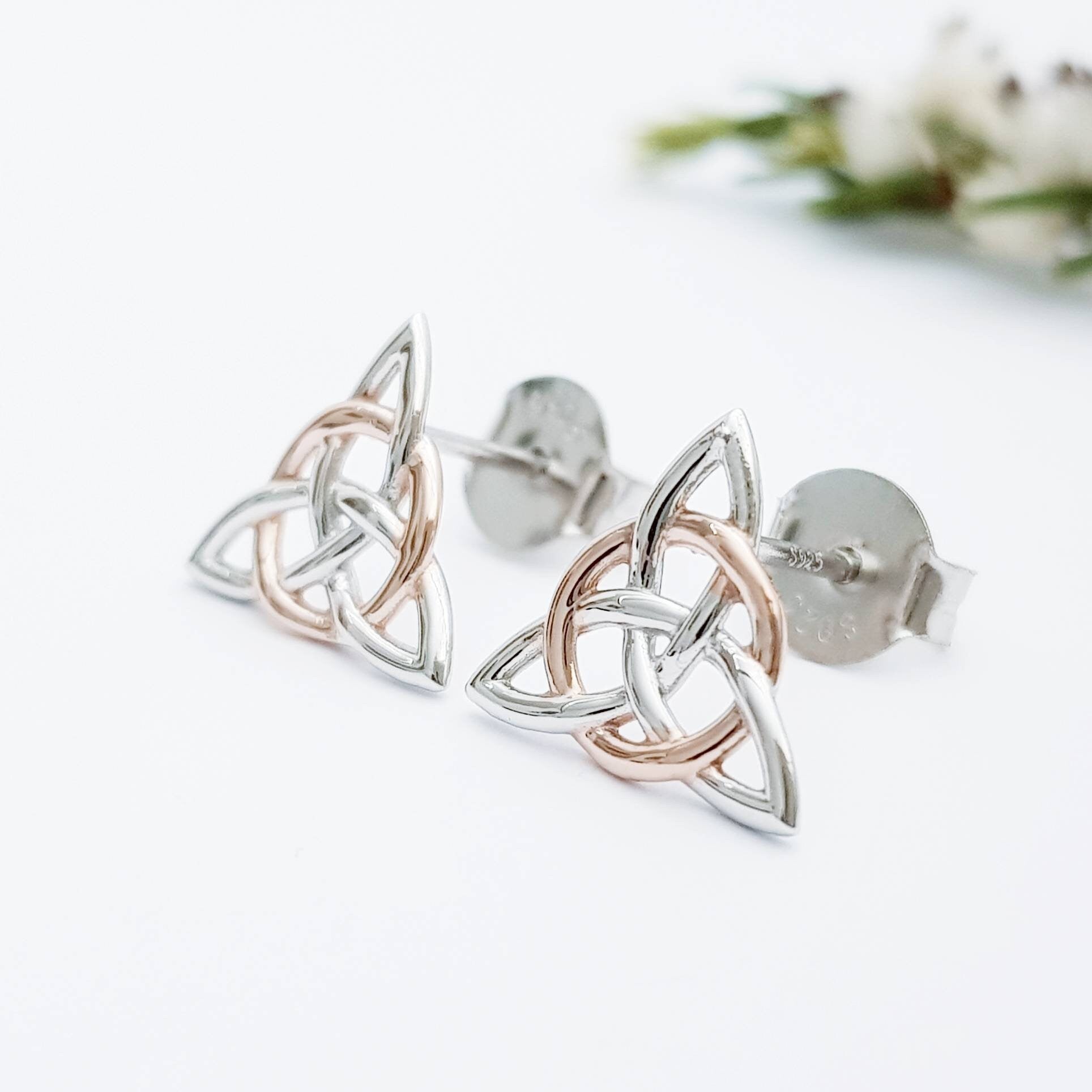 Celtic stud Earrings in silver with rose gold plating, triquetra earrings