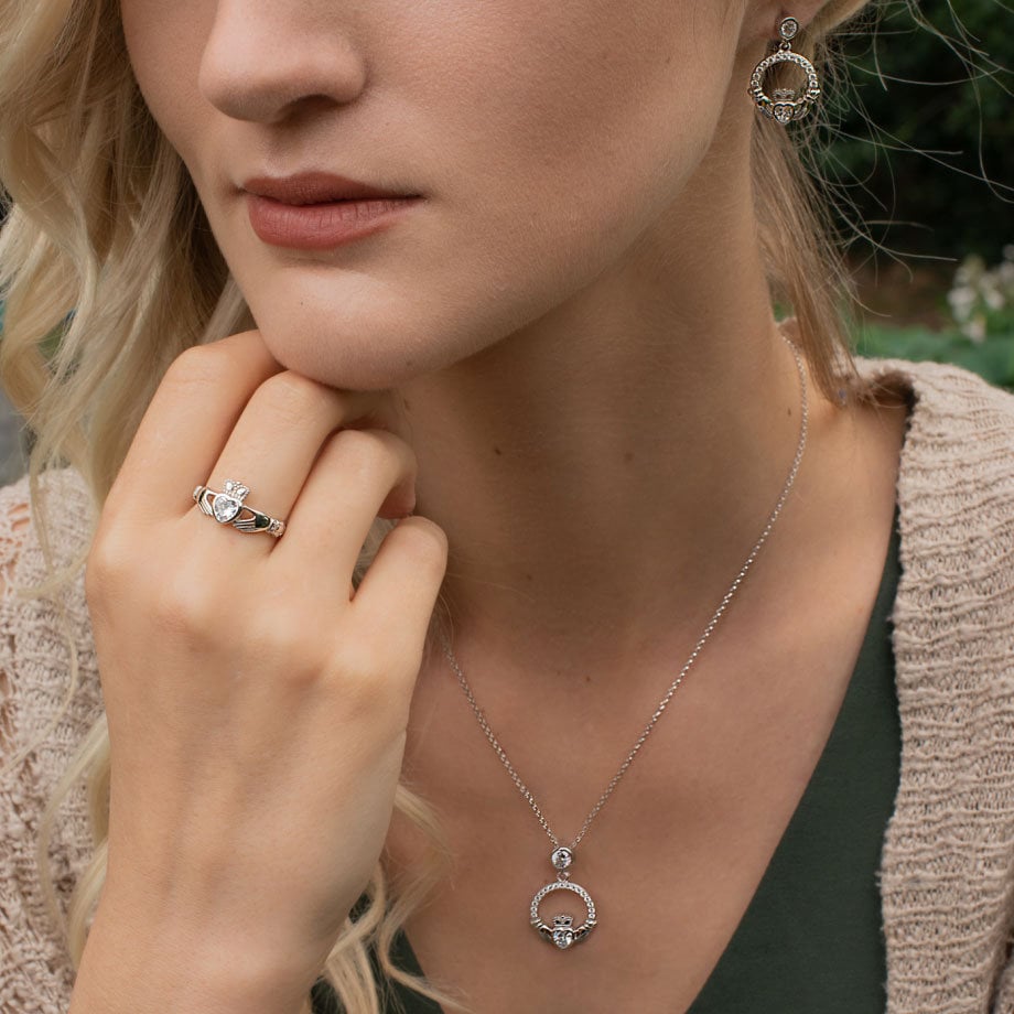 Silver Claddagh pendant, diamond white april birthstone claddagh necklace, Silver Claddagh pendant