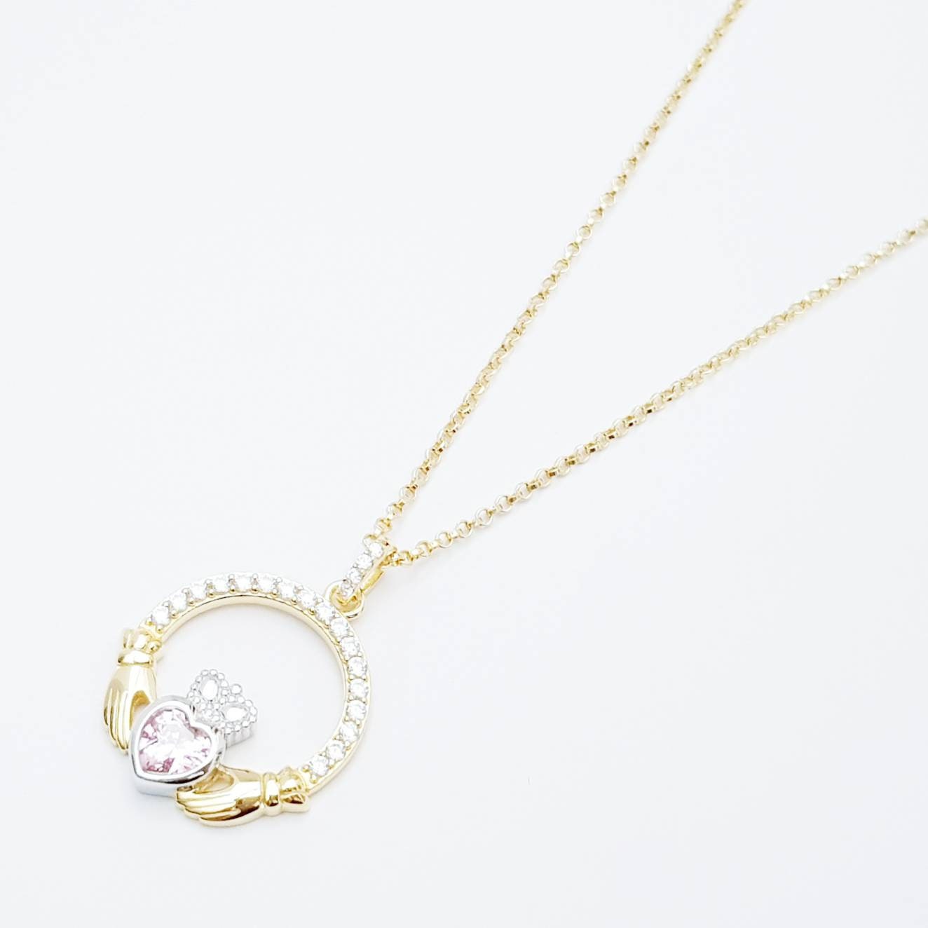 Pink Claddagh pendant, Irish claddagh necklace from Galway, Ireland, silver and gold claddagh pendant