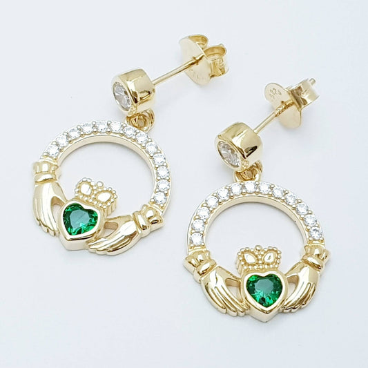 Emerald green claddagh Earrings, Silver and yellow gold Claddagh Earrings, Claddagh drop Earrings