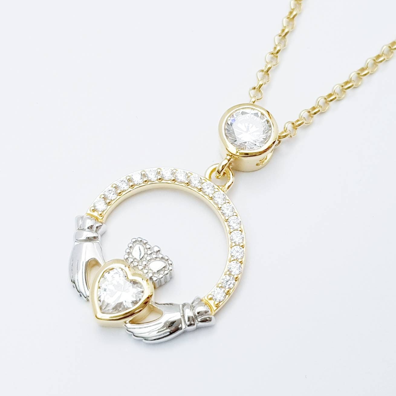 925 Silver Claddagh pendant, Irish claddagh necklace from Galway, silver and yellow gold claddagh pendant