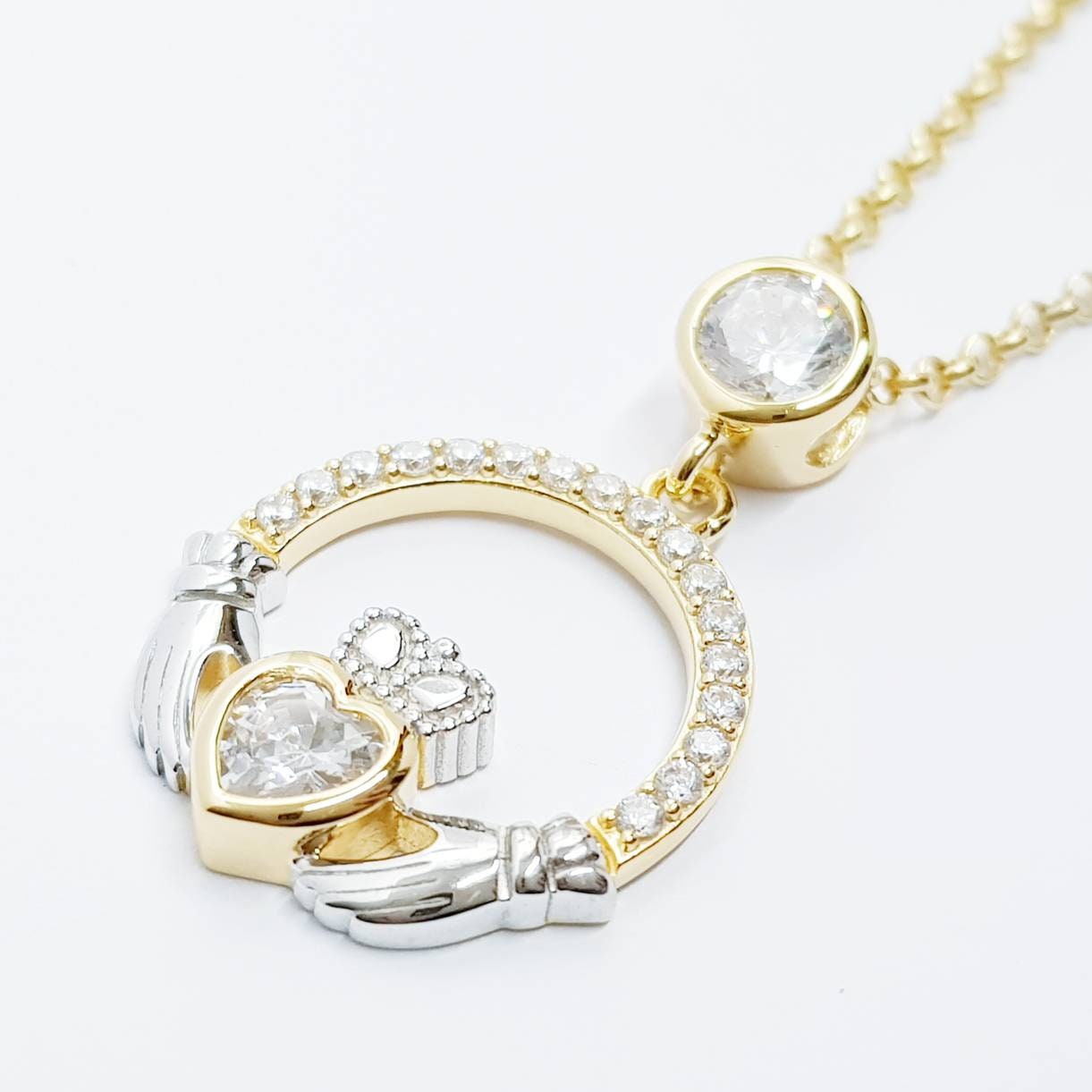 925 Silver Claddagh pendant, Irish claddagh necklace from Galway, silver and yellow gold claddagh pendant