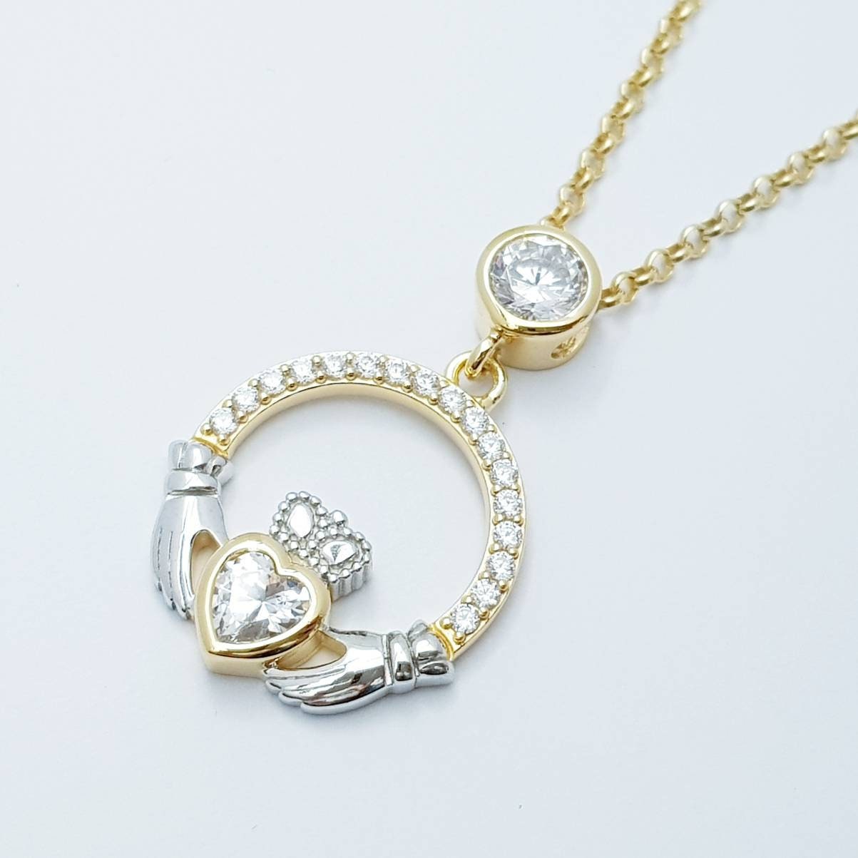 925 Silver Claddagh pendant, Irish claddagh necklace from Galway, silver and yellow gold claddagh pendant