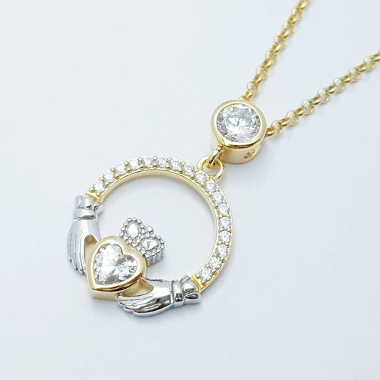 925 Silver Claddagh pendant, Irish claddagh necklace from Galway, silver and yellow gold claddagh pendant