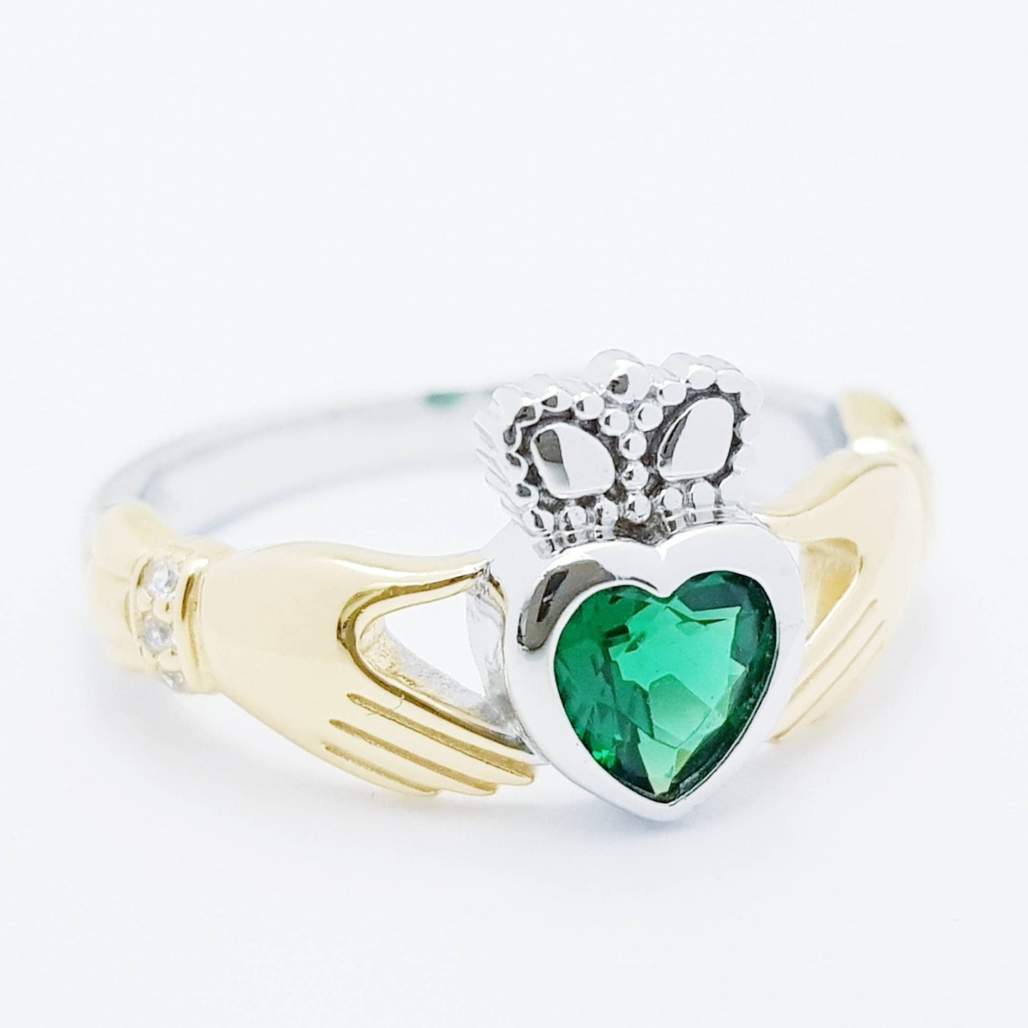 Sterling Silver Gold plated Claddagh ring set with emerald green stone, irish claddagh rings