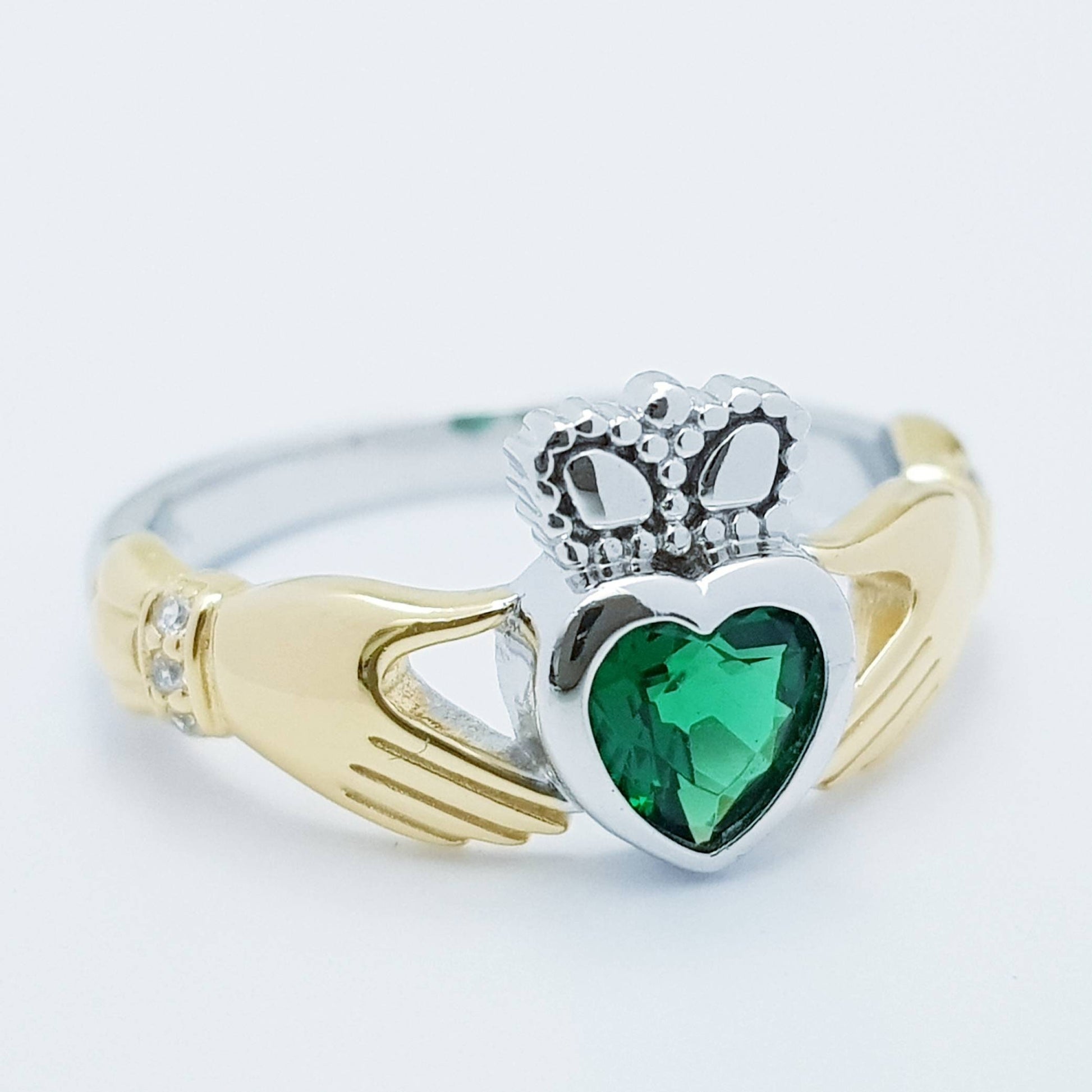 Sterling Silver Gold plated Claddagh ring set with emerald green stone, irish claddagh rings