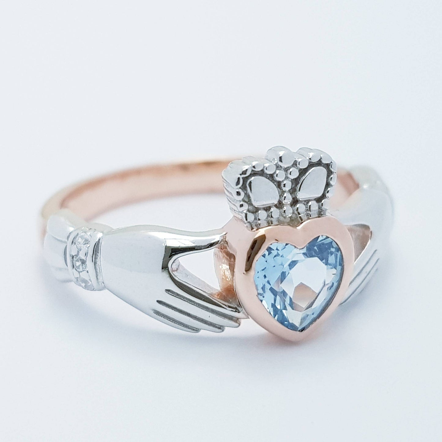 Sterling Silver Rose Gold plated Claddagh ring set with aquamarine stone, unique claddagh ring