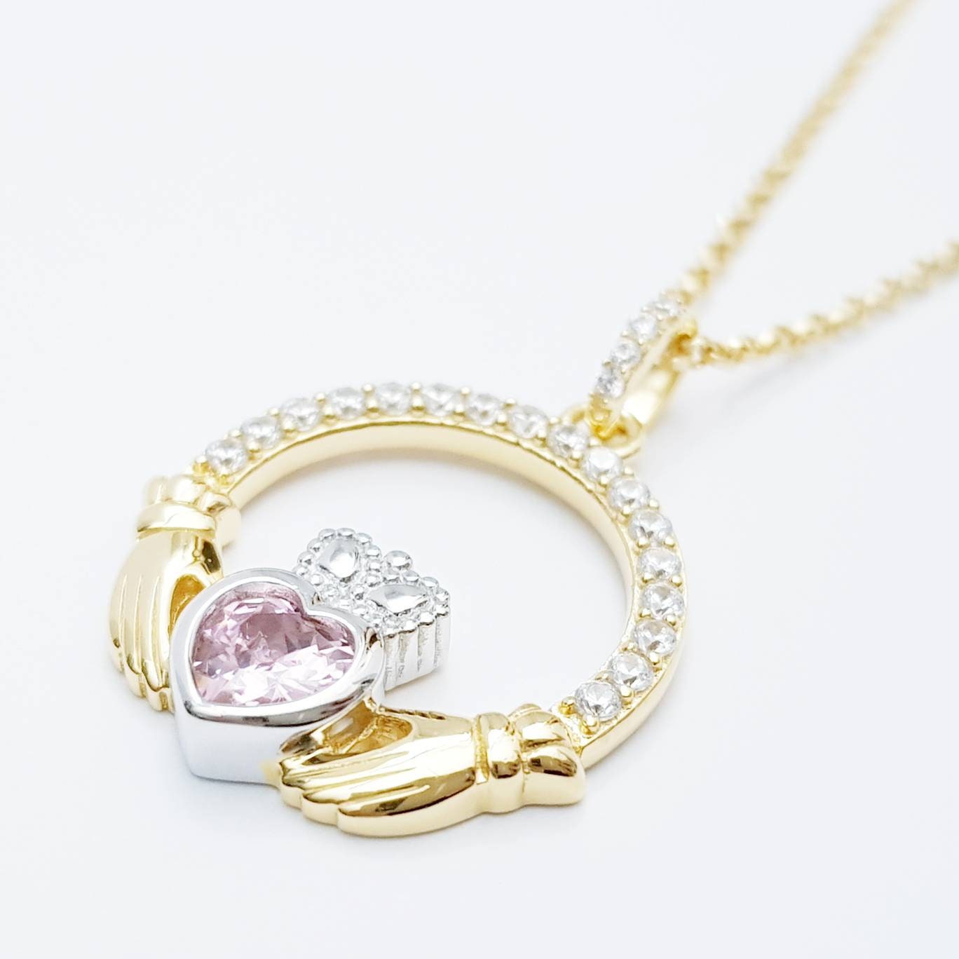 Pink Claddagh pendant, Irish claddagh necklace from Galway, Ireland, silver and gold claddagh pendant