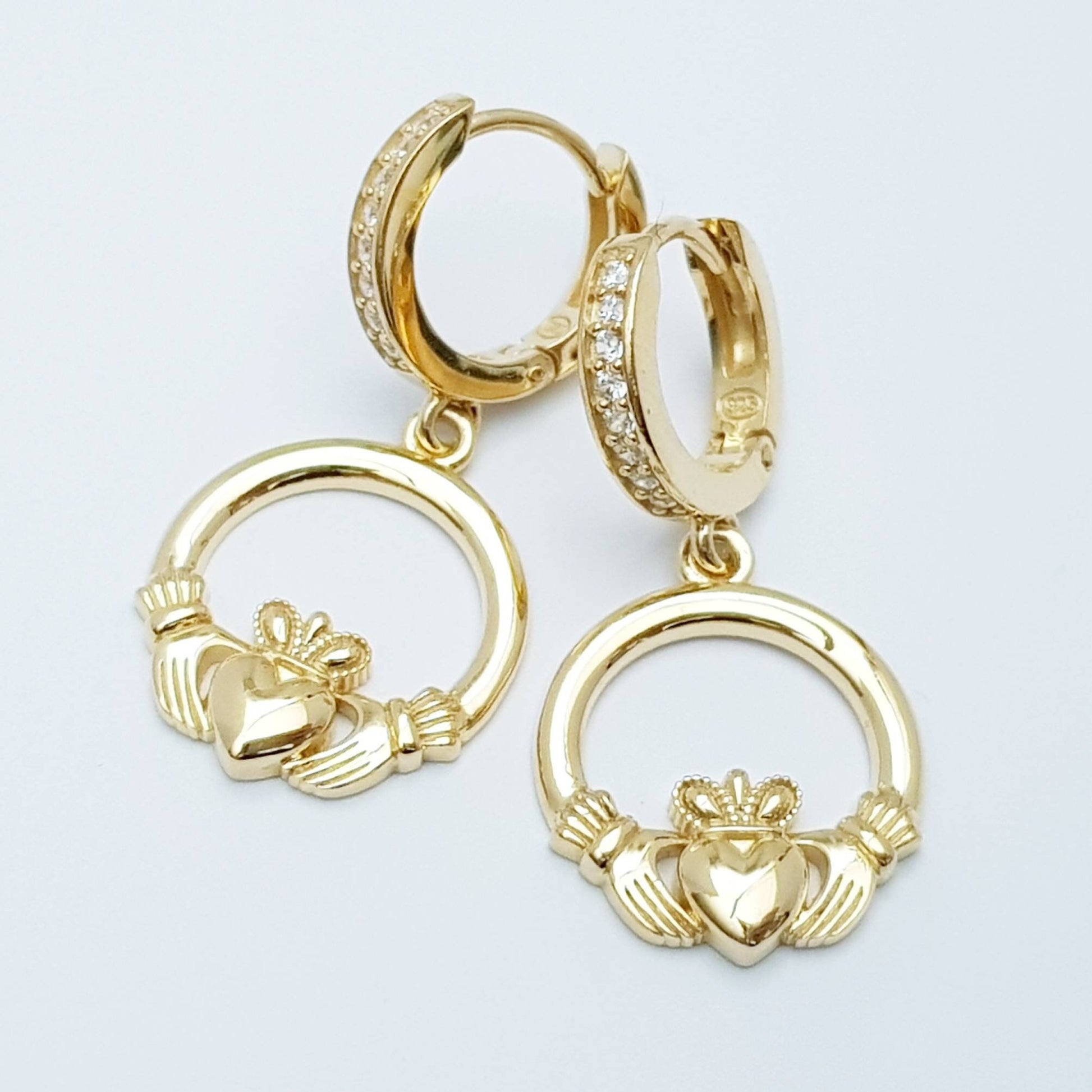 Yellow gold hoop Claddagh Earrings, Silver and gold Claddagh Earrings, Claddagh drop Earrings