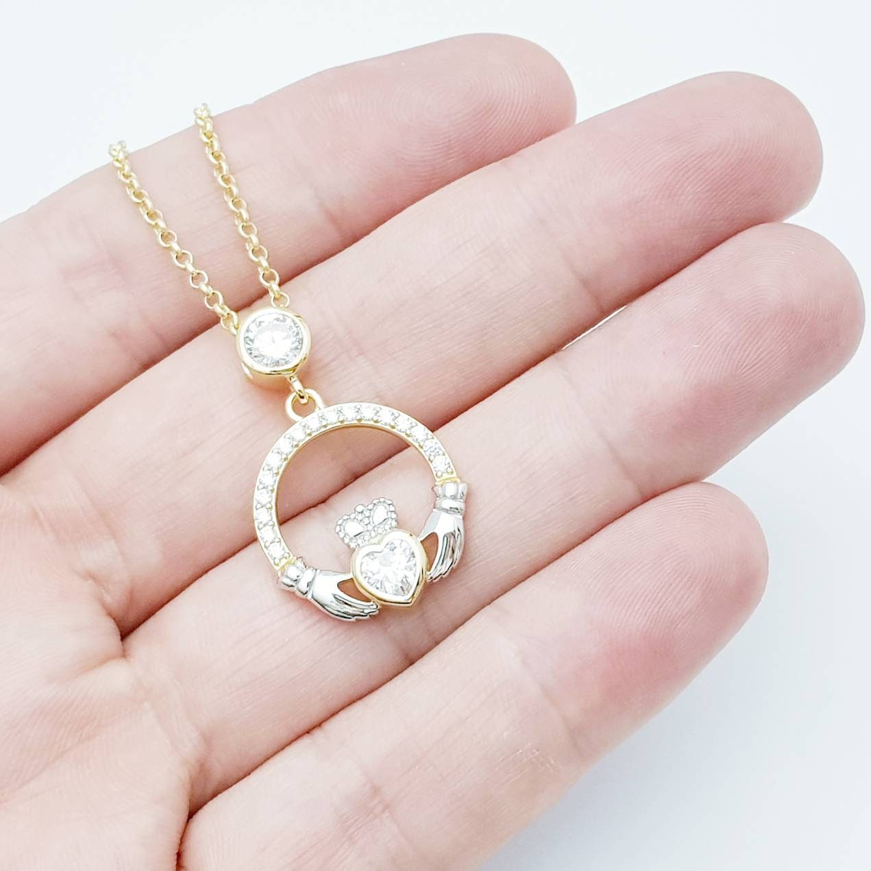 925 Silver Claddagh pendant, Irish claddagh necklace from Galway, silver and yellow gold claddagh pendant