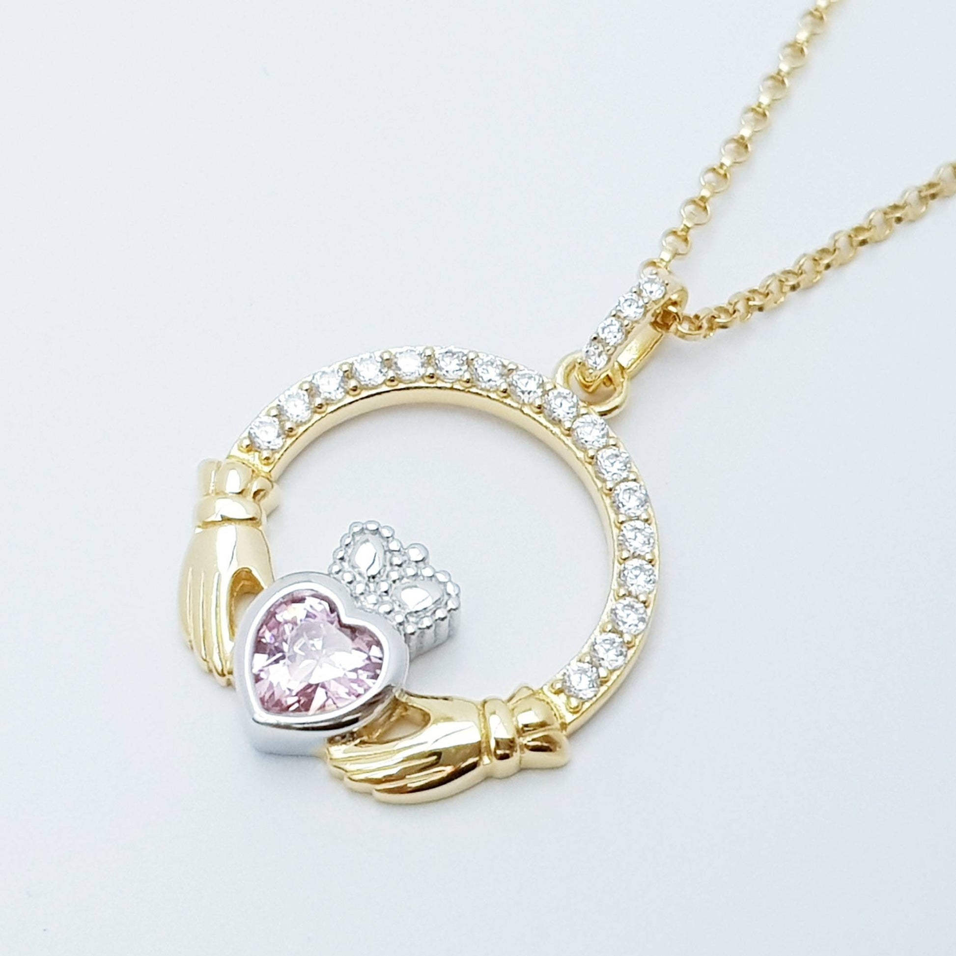 Pink Claddagh pendant, Irish claddagh necklace from Galway, Ireland, silver and gold claddagh pendant