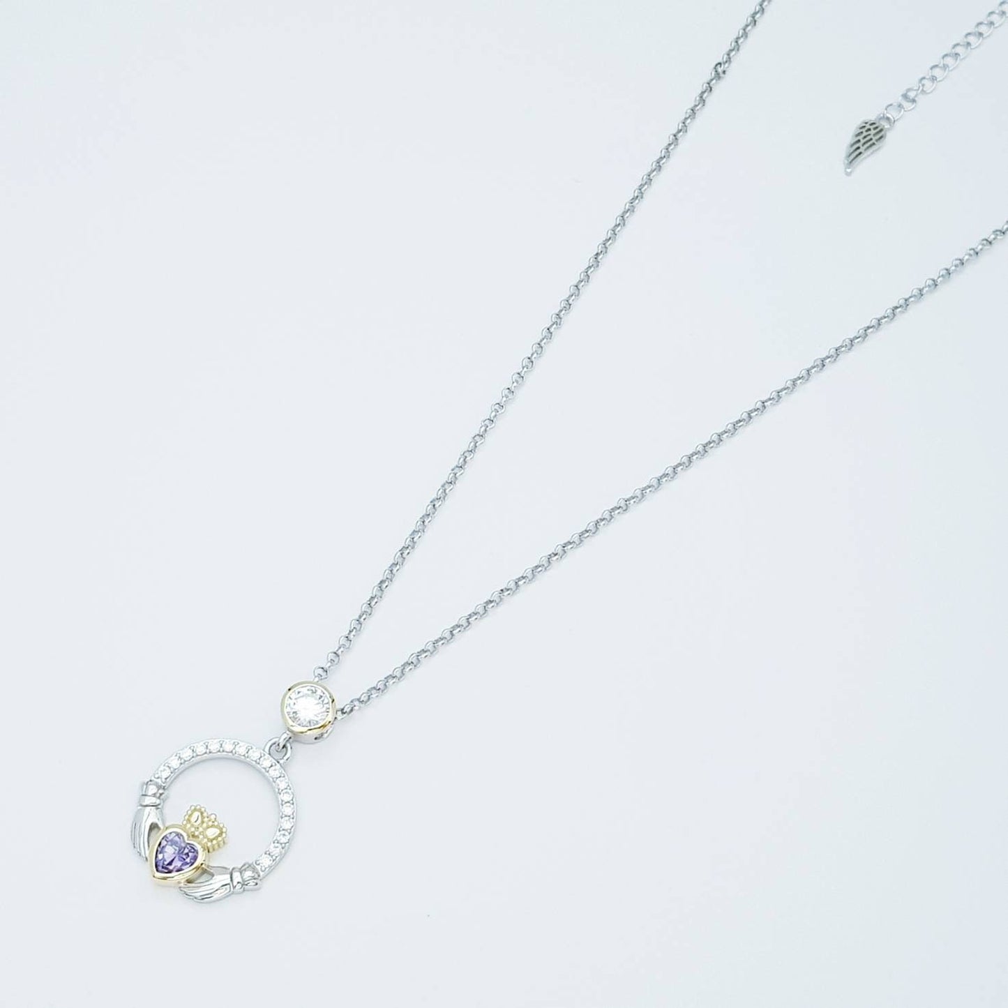 Purple Claddagh pendant, claddagh necklace, silver claddagh pendant February birthstone