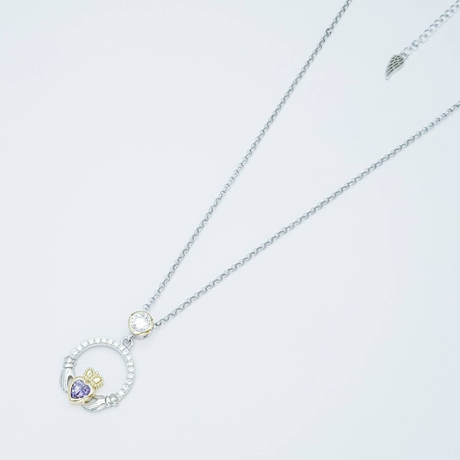 Purple Claddagh pendant, claddagh necklace, silver claddagh pendant February birthstone