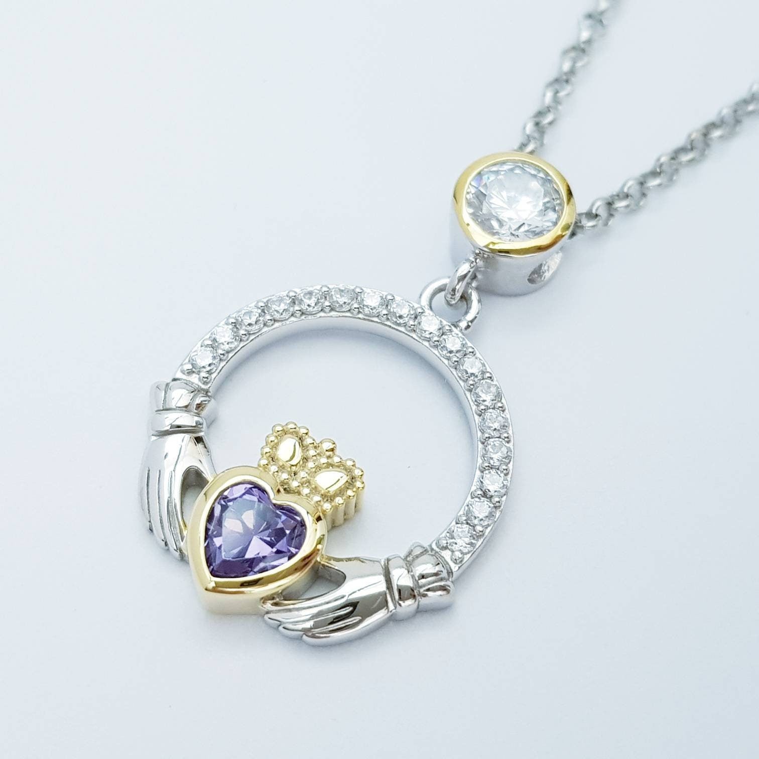 Purple Claddagh pendant, claddagh necklace, silver claddagh pendant February birthstone