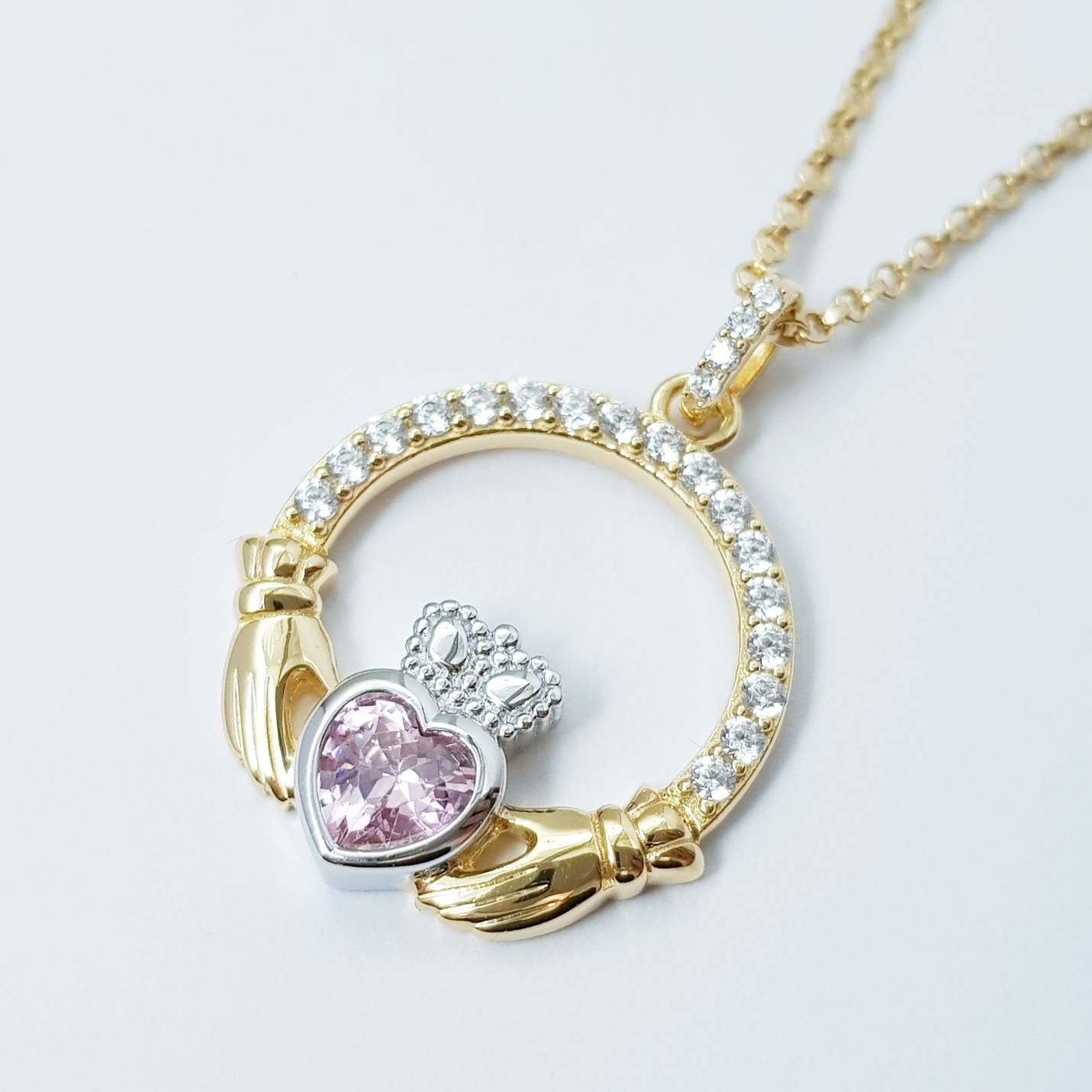 Pink Claddagh pendant, Irish claddagh necklace from Galway, Ireland, silver and gold claddagh pendant