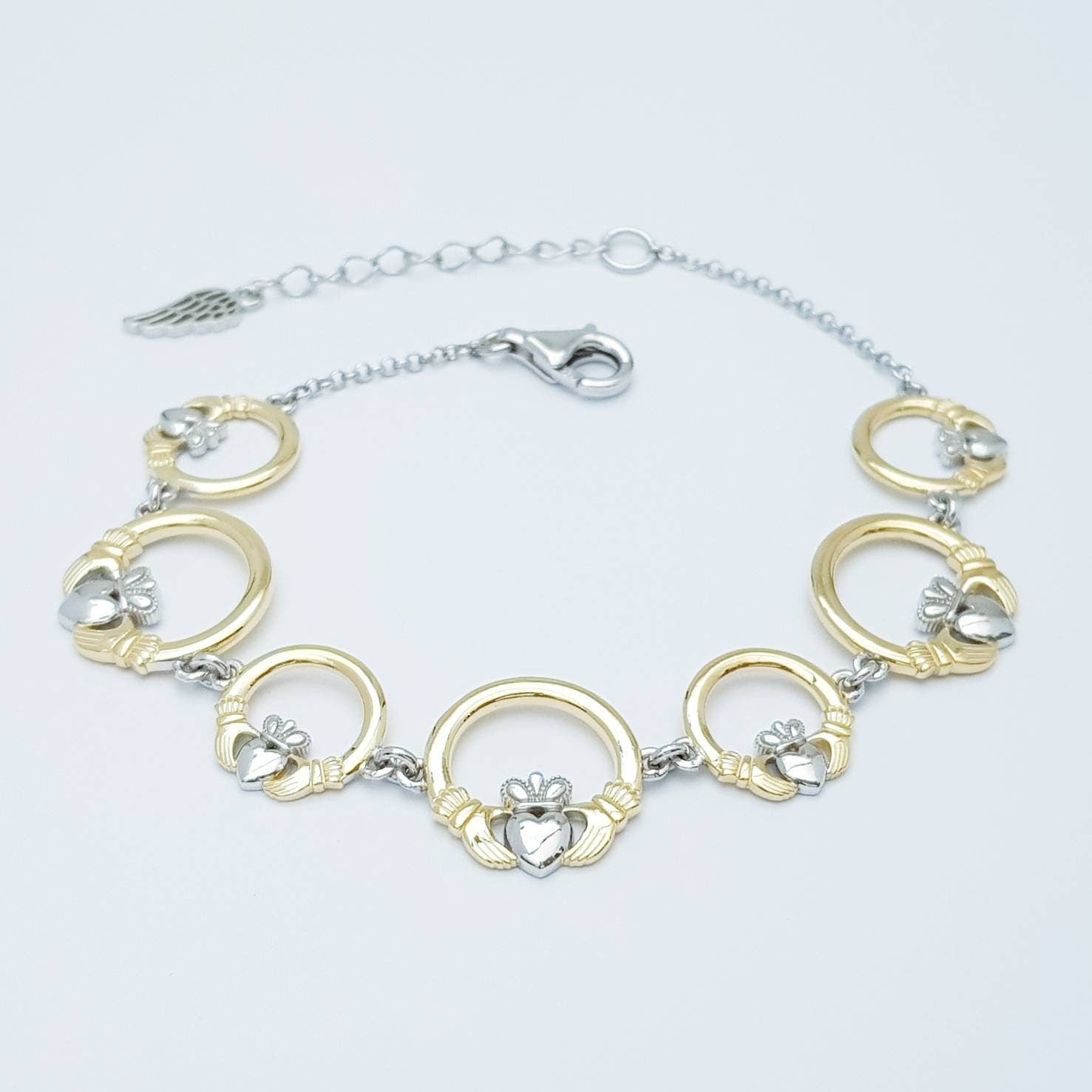 Claddagh bracelet, small claddagh bracelet, silver and gold claddagh bracelet