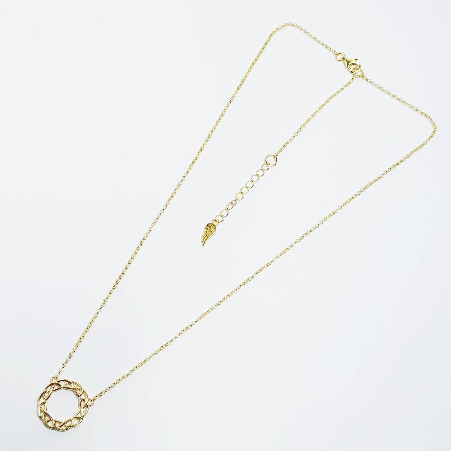 Sterling silver celtic knot pendant, gold round celtic necklace made in Ireland with angel wing chain