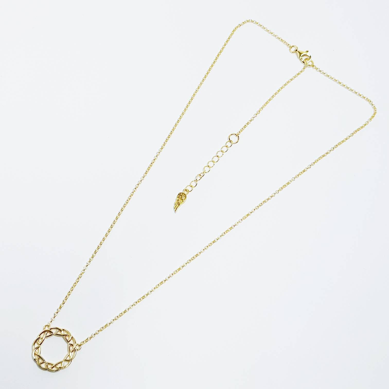 Sterling silver celtic knot pendant, gold round celtic necklace made in Ireland with angel wing chain