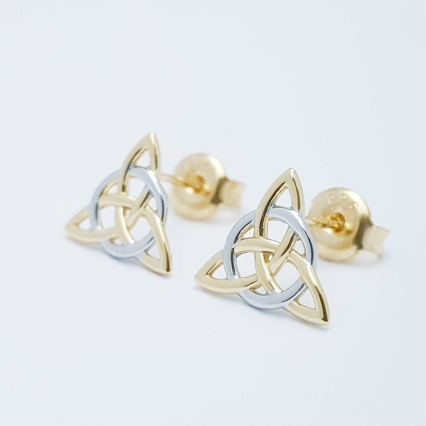 Celtic stud Earrings in silver with yellow gold plating, triquetra stud earrings