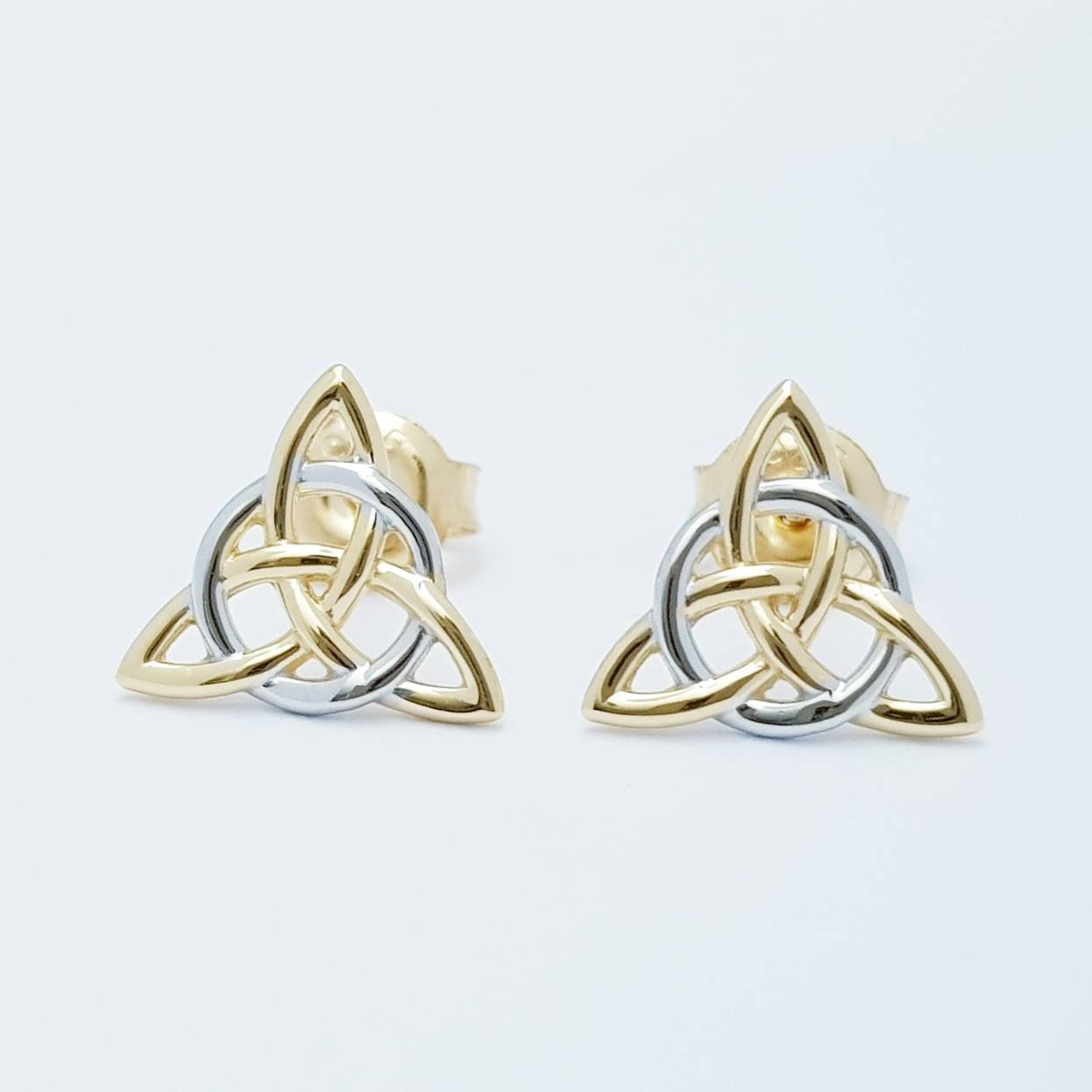 Celtic stud Earrings in silver with yellow gold plating, triquetra stud earrings