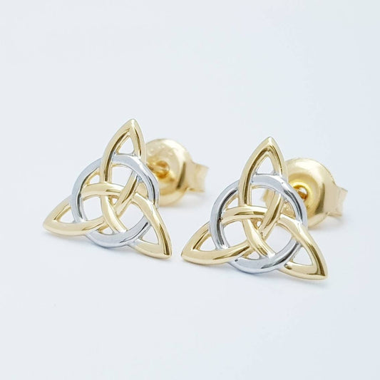 Celtic stud Earrings in silver with yellow gold plating, triquetra stud earrings