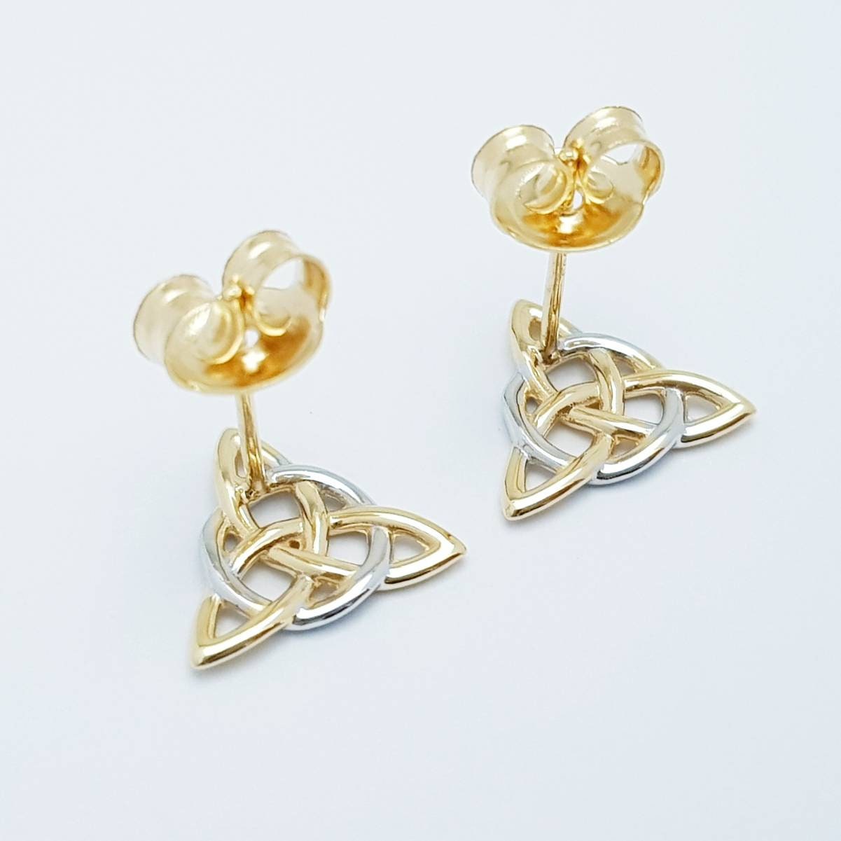 Celtic stud Earrings in silver with yellow gold plating, triquetra stud earrings