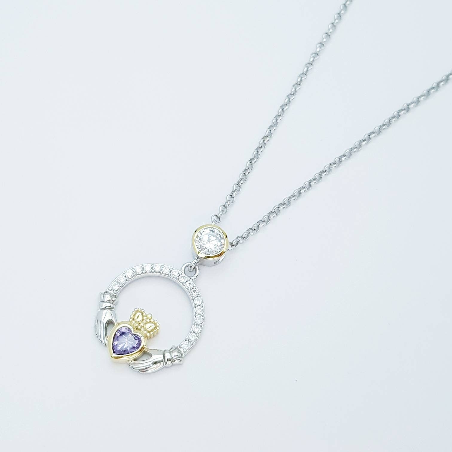 Purple Claddagh pendant, claddagh necklace, silver claddagh pendant February birthstone