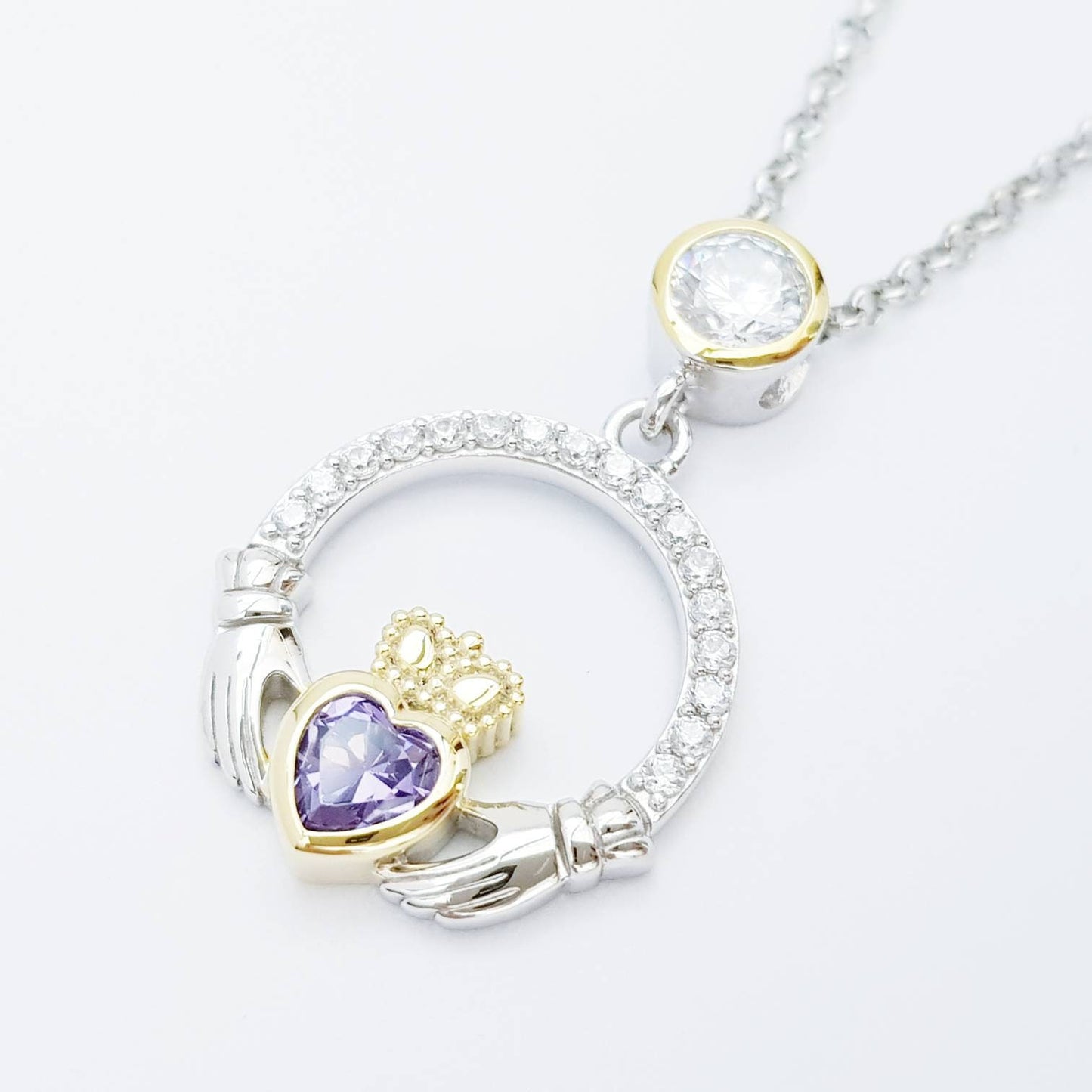 Purple Claddagh pendant, claddagh necklace, silver claddagh pendant February birthstone