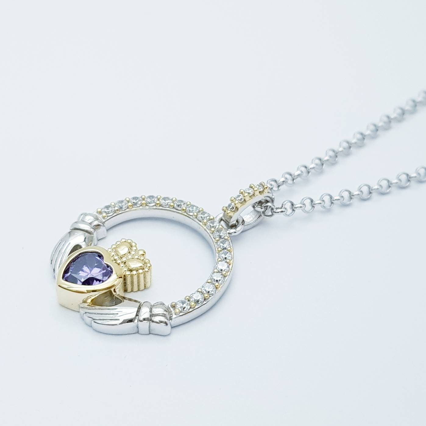 Purple Claddagh pendant, claddagh necklace, silver claddagh pendant February birthstone