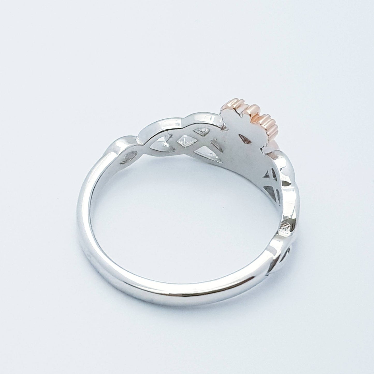 Sterling Silver Claddagh Ring with Celtic Knots and Rose Gold-Plated Heart & Crown