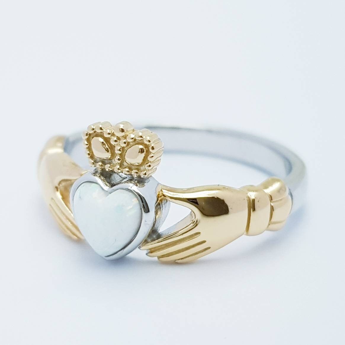 Sterling Silver yellow gold plated Claddagh ring set with opal stone, October birthstone