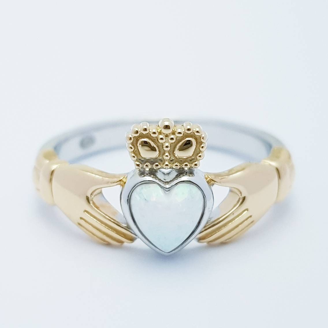 White Opal Sterling Silver Claddagh Ring with Gold-Plated Hands & Crown
