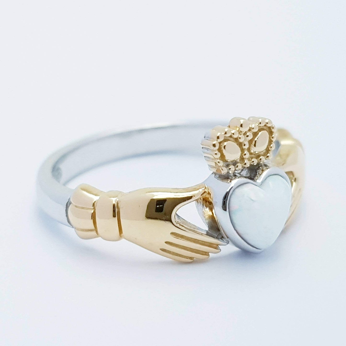 Sterling Silver yellow gold plated Claddagh ring set with opal stone, October birthstone