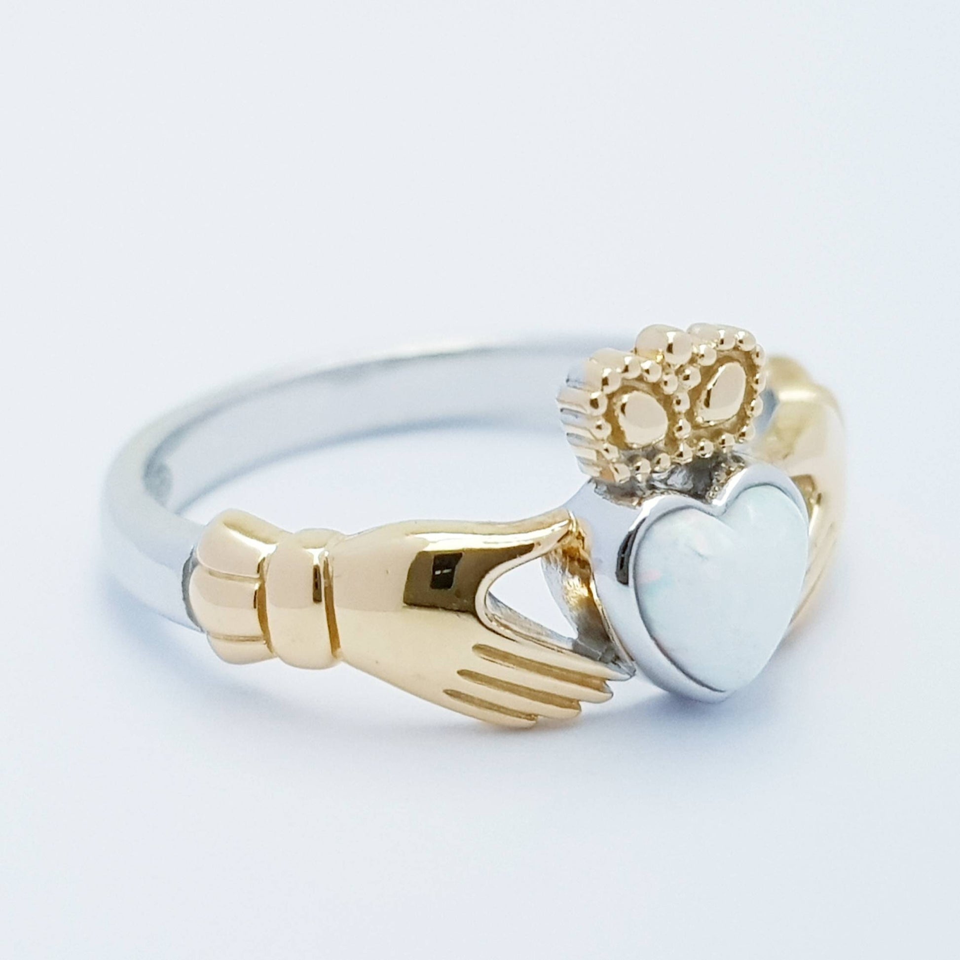 White Opal Sterling Silver Claddagh Ring with Gold-Plated Hands & Crown