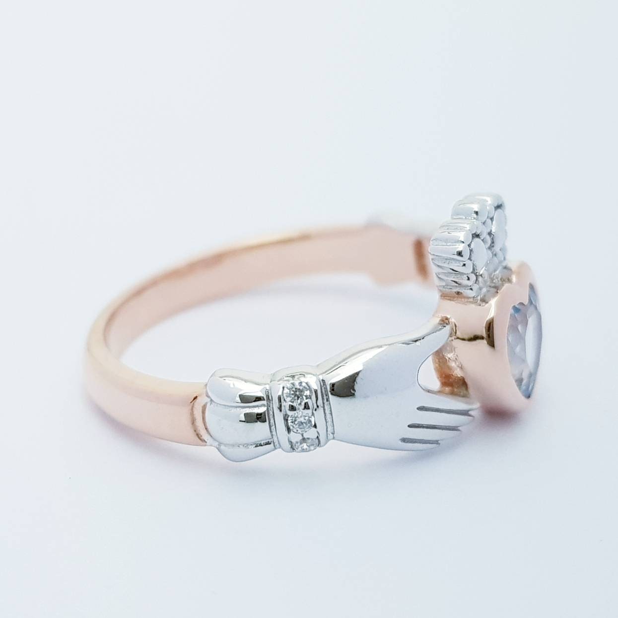 Sterling Silver Rose Gold plated Claddagh ring set with aquamarine stone, unique claddagh ring