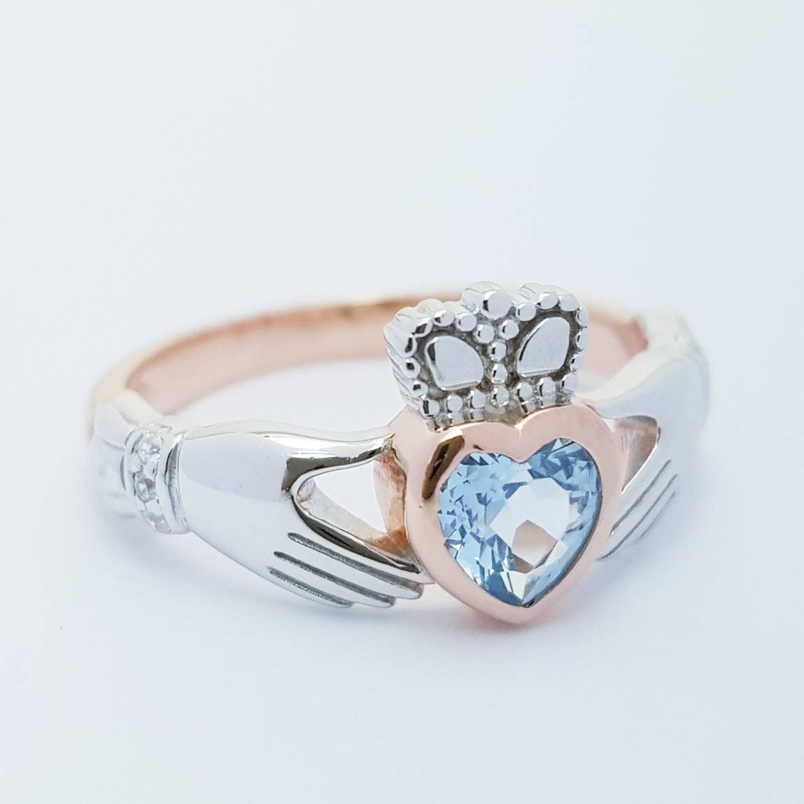 Sterling Silver Rose Gold plated Claddagh ring set with aquamarine stone, unique claddagh ring