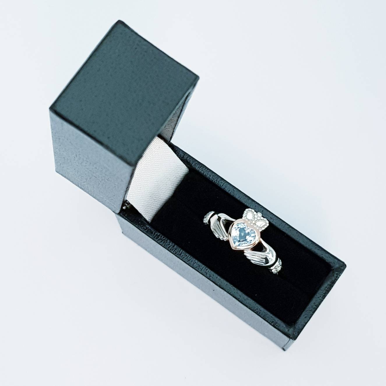 Sterling Silver Rose Gold plated Claddagh ring set with aquamarine stone, unique claddagh ring