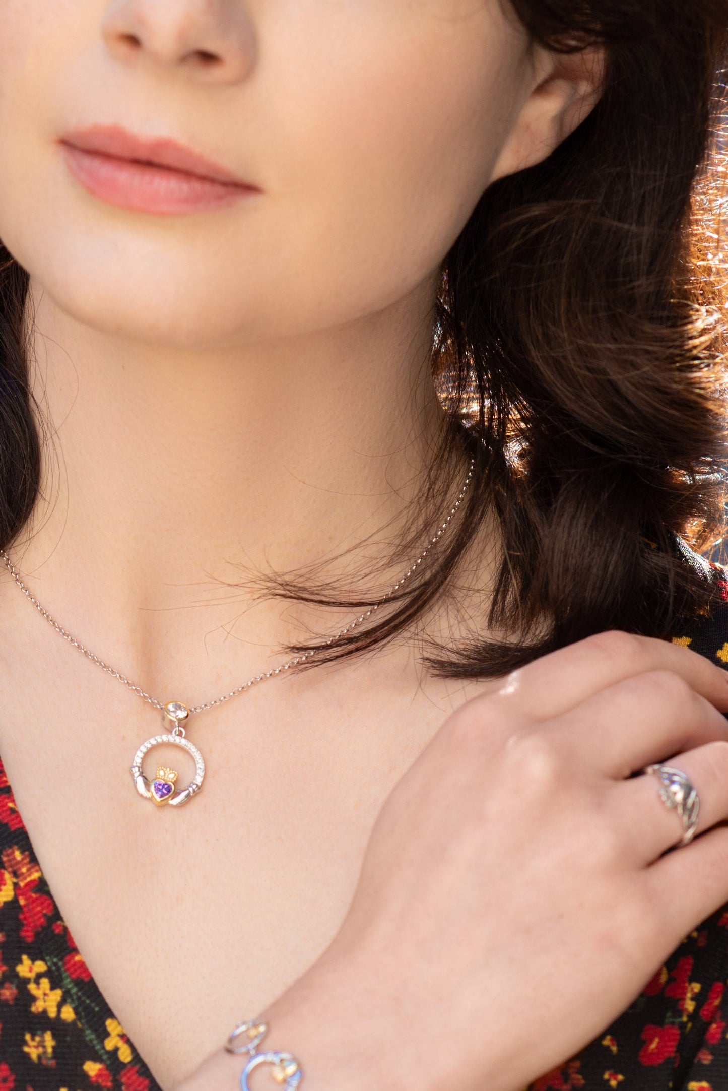 Purple Claddagh pendant, claddagh necklace, silver claddagh pendant February birthstone