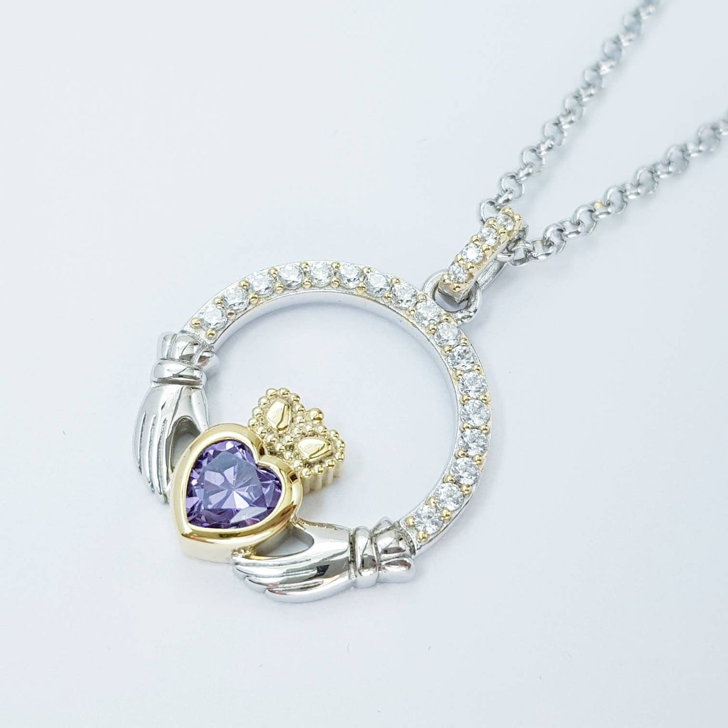 Purple Claddagh pendant, claddagh necklace, silver claddagh pendant February birthstone