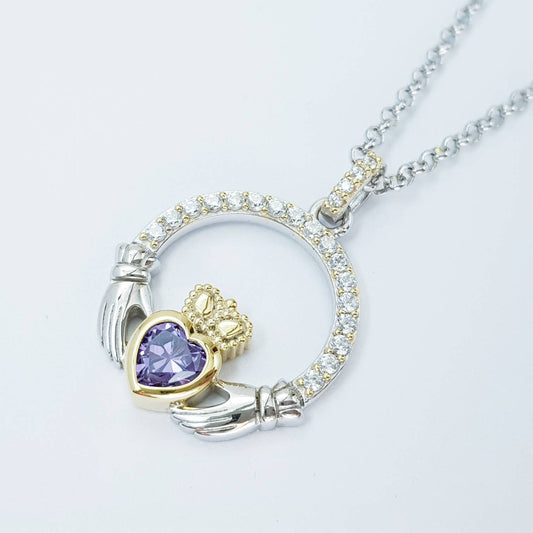 Purple Claddagh pendant, claddagh necklace, silver claddagh pendant February birthstone