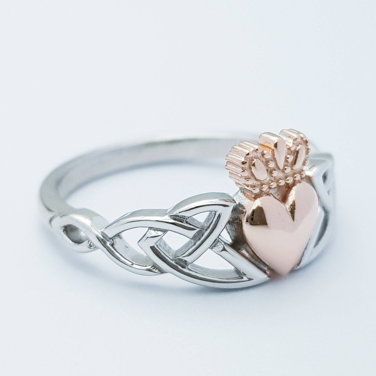 Sterling Silver Claddagh Ring with Celtic Knots and Rose Gold-Plated Heart & Crown