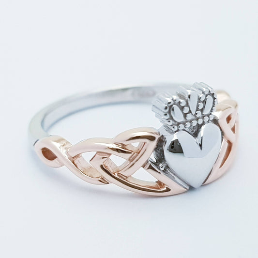 Sterling Silver Claddagh Ring with Rose Gold-Plated Celtic Knots