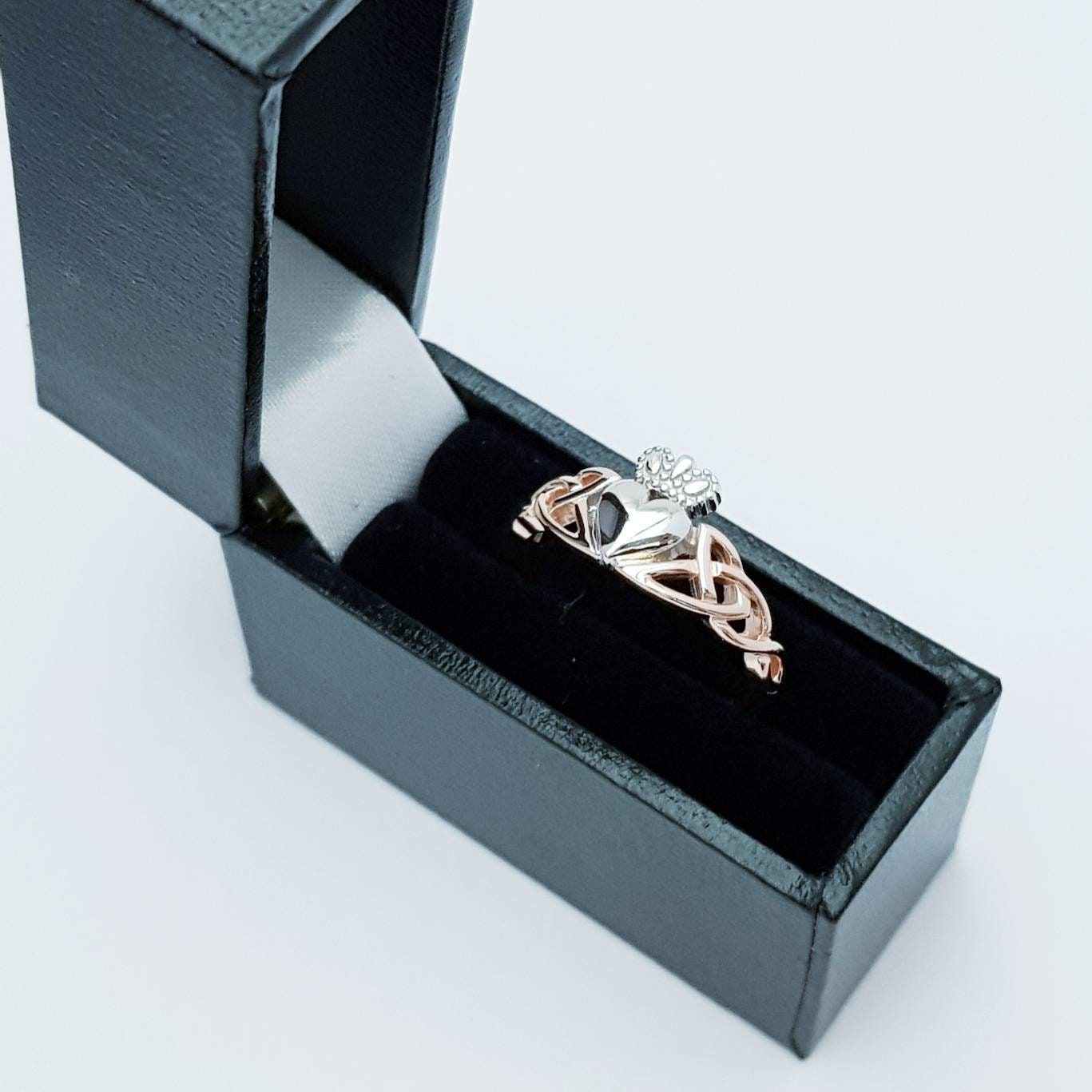 Sterling Silver Claddagh Ring with Rose Gold-Plated Celtic Knots
