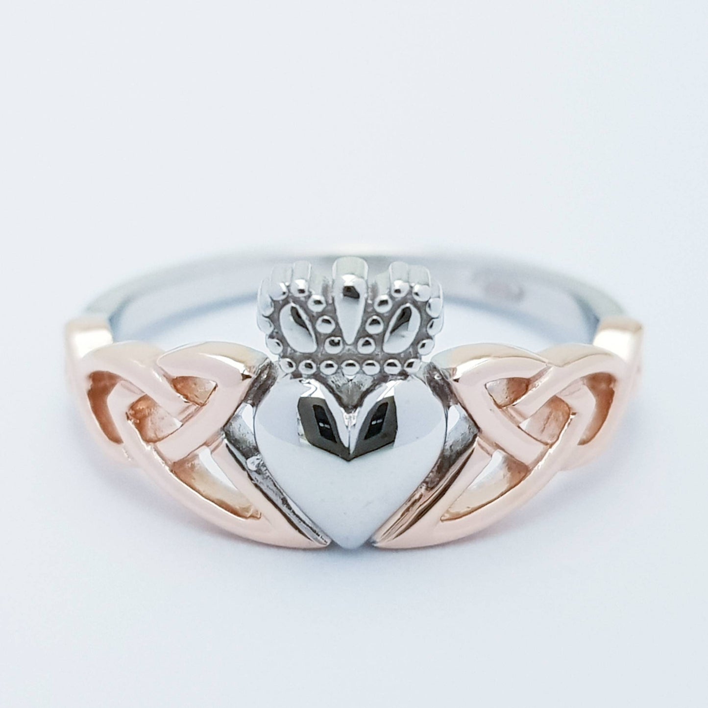 Sterling Silver Claddagh Ring with Rose Gold-Plated Celtic Knots