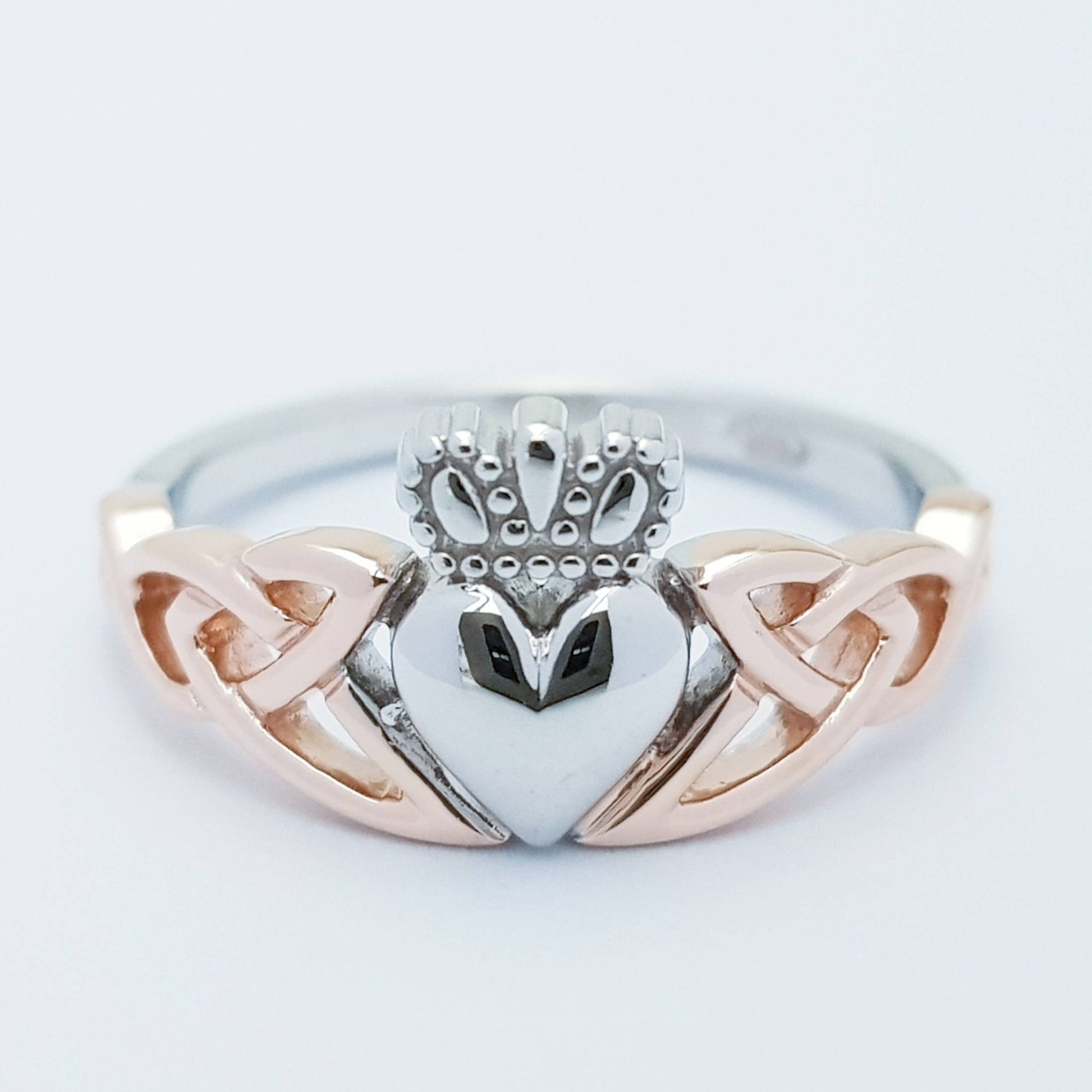 Sterling Silver Claddagh Ring with Rose Gold-Plated Celtic Knots